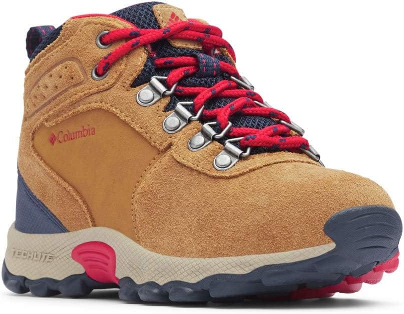 Tan and red Columbia Newton Ridge hiking boots for kids with waterproof leather and rubber sole.