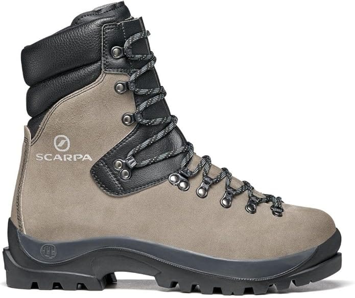 Side profile of the SCARPA Wrangell GTX mountaineering boot in bronze with thick Vibram sole and reinforced leather upper.