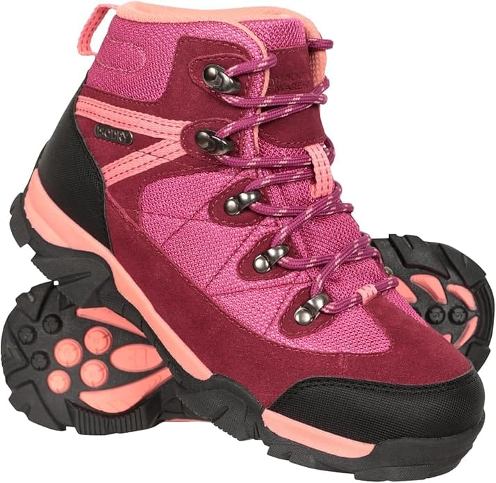 Berry pink kids’ waterproof hiking boots with black and coral sole from Mountain Warehouse.