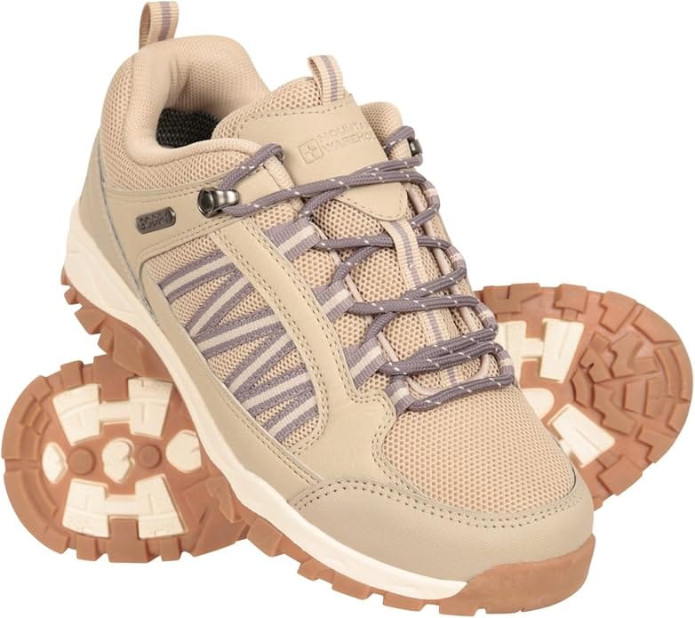 Taupe coloured waterproof walking shoes with purple laces and mesh details, perfect for hiking and camping.