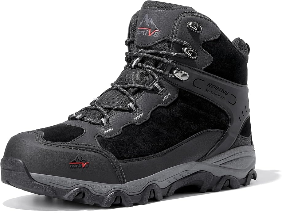 Black NORTIV 8 waterproof hiking boot with suede and rubber construction for mountain and backpacking trails.