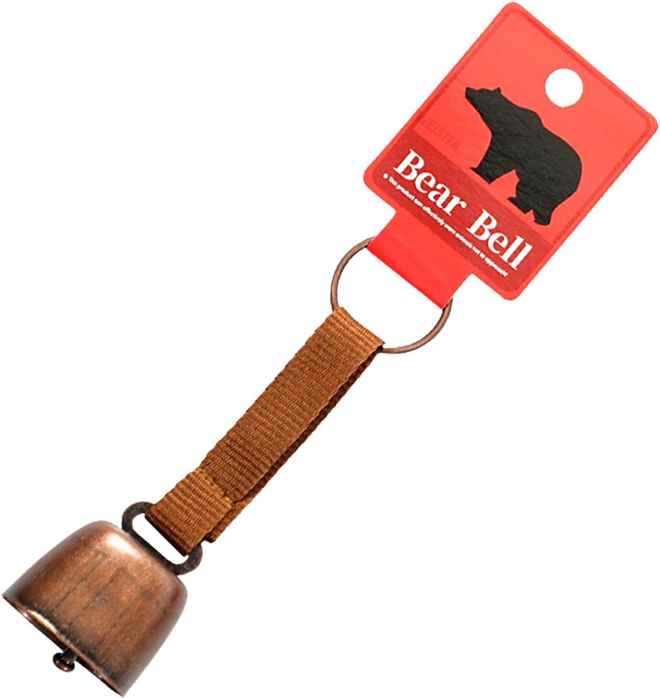 Lamptti bear repellent bell with a brown strap and red tag showing a black bear silhouette, designed for hikers to prevent startling wildlife.