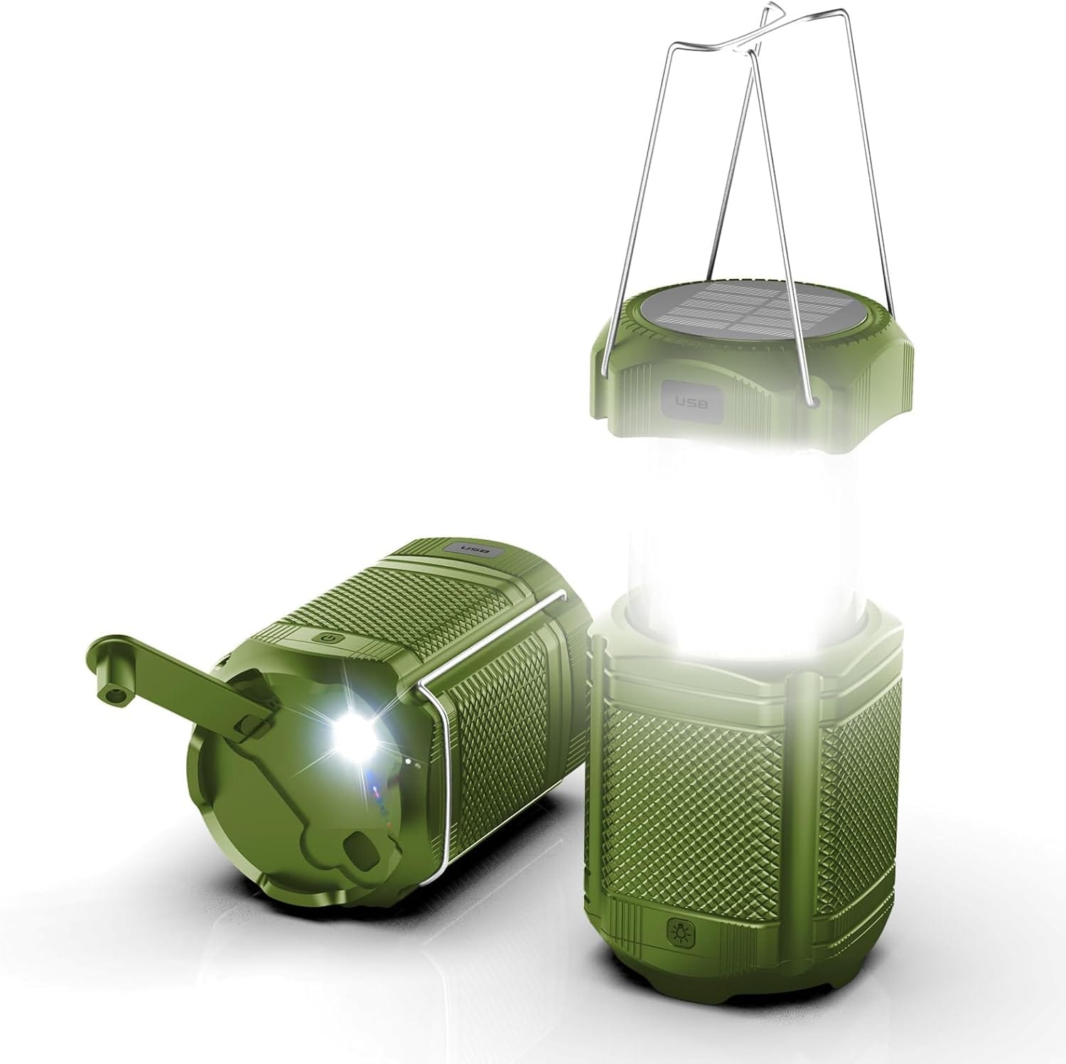 Green camping lantern with visual guide showing solar charging on the left and hand crank charging on the right.