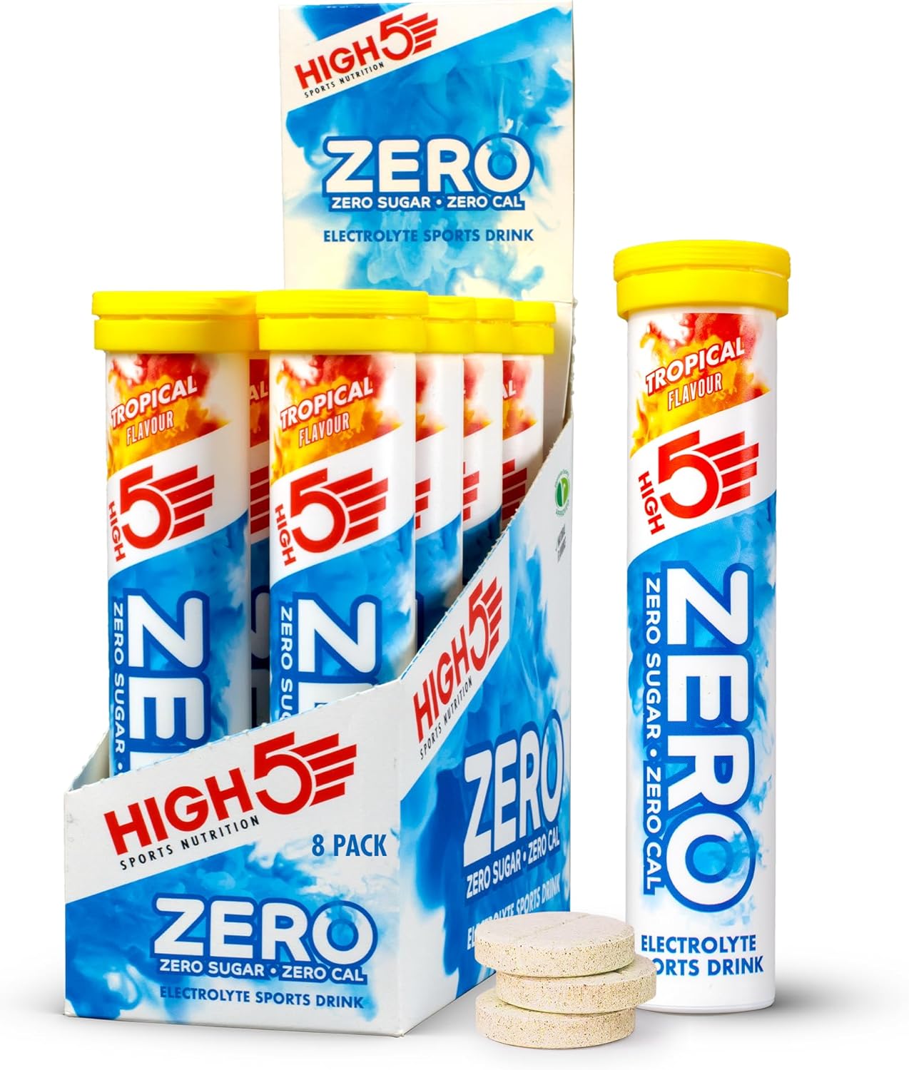 Pack of HIGH5 ZERO tropical electrolyte tablets with 8 tubes, shown in display box with three tablets placed outside.
