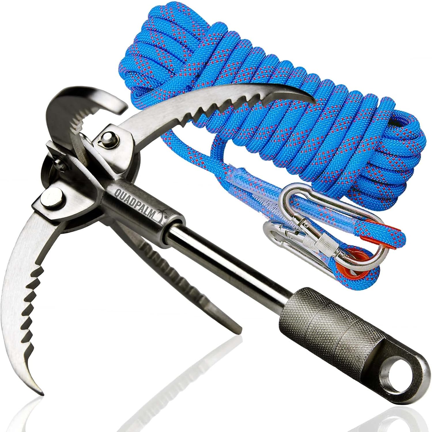 Stainless steel grappling hook with four folding claws and blue 10M rope, shown with carabiner for climbing or survival use.