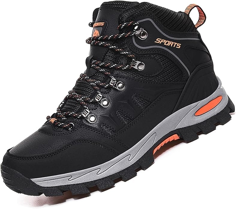 Side view of VTASQ black waterproof hiking boot with orange details and a thick all-terrain sole.