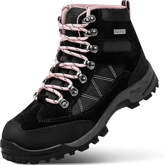 Side view of R CORD women’s waterproof hiking boot in black with pink laces, rubber sole, and ankle support.