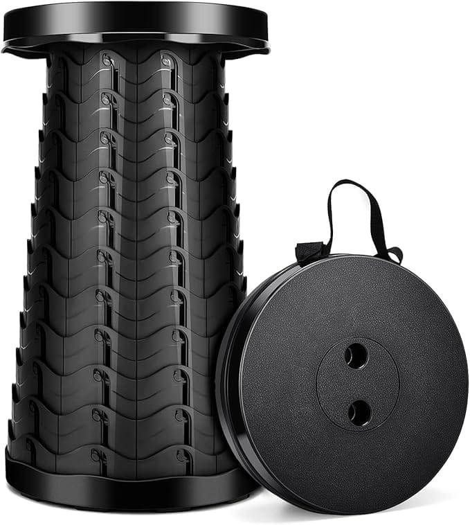 Black LUXJET portable folding stool shown fully extended next to its compact, round folded form with carry handle.