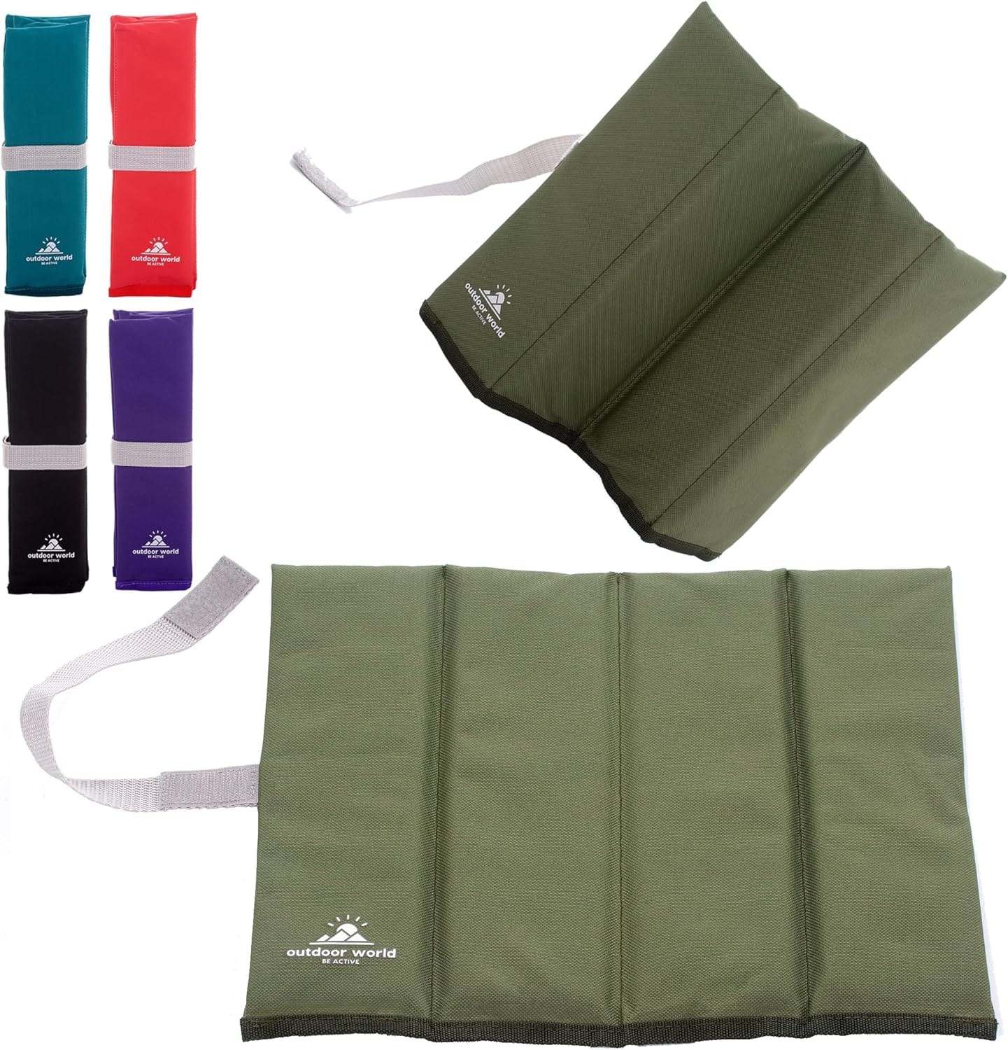 Foldable green sit mat with padded panels and Velcro strap, shown fully opened and rolled up, available in multiple colours including teal, red, black, and purple.