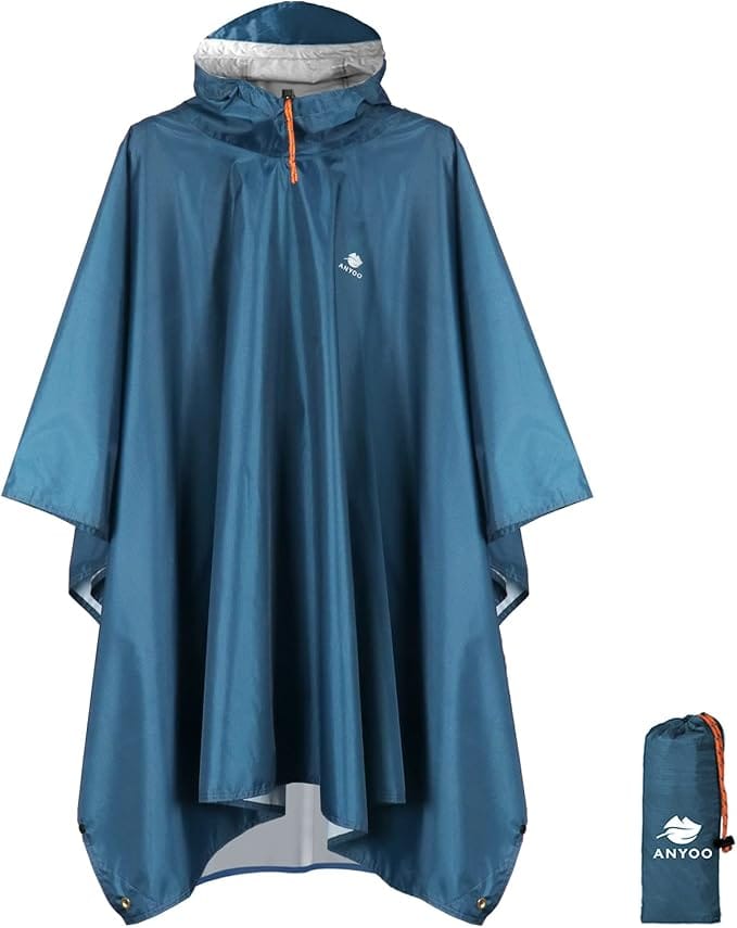 Blue ANYOO waterproof rain poncho with hood, shown fully extended and next to its compact carry pouch for outdoor use.