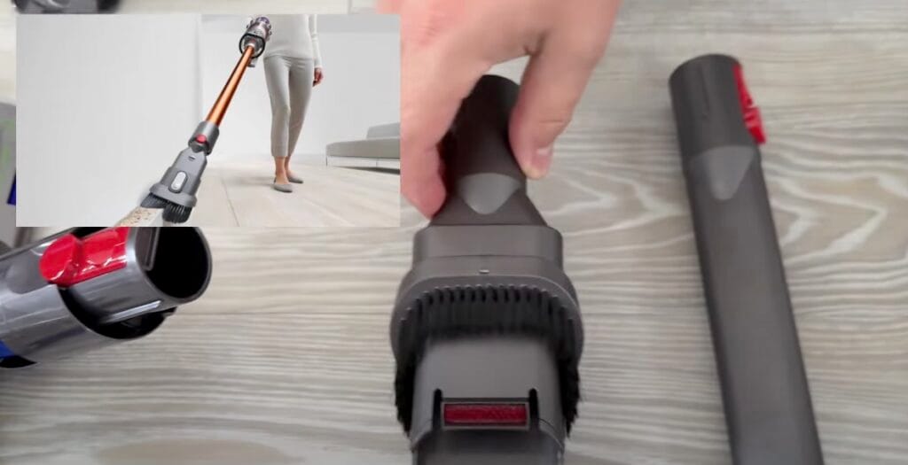 Close-up of Dyson vacuum attachments including a soft dusting brush and crevice tool, with an inset image showing the tool being used along the edge of a room.