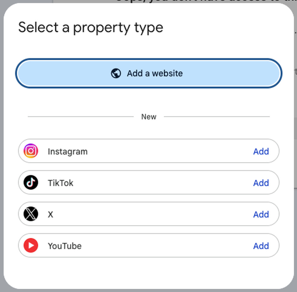 The Google Search Console Select a property type dialogue showing Add a website at the top and a New section listing Instagram, TikTok, X and YouTube each with an Add link