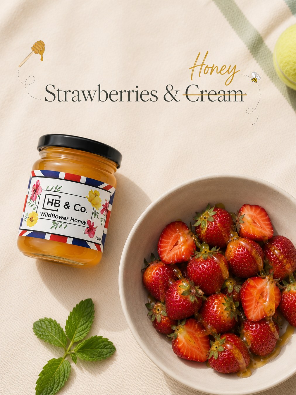 Strawberries and honey, ad creative by Velena Lifestyle