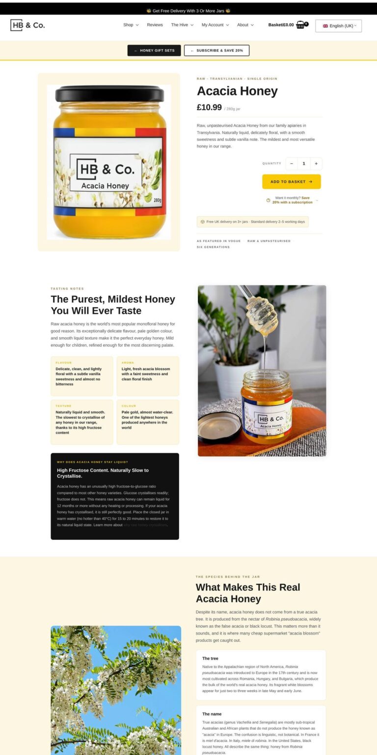 The Acacia honey product page of honeybeeandco.uk