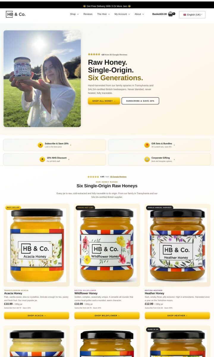 The shop page of honeybeeandco.uk, six single origin honeys and the gift sets