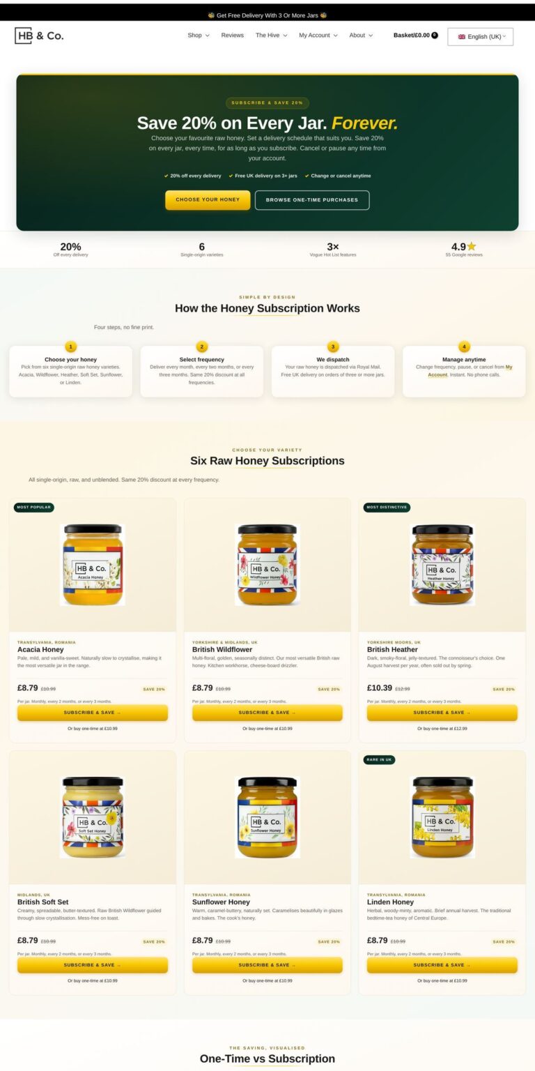 The honey subscription page of honeybeeandco.uk