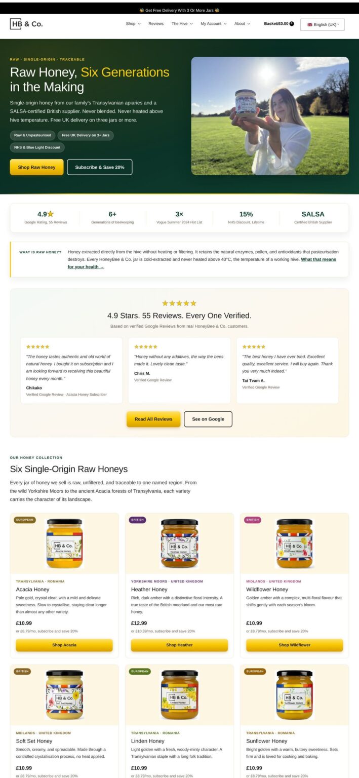 The HoneyBee and Co. homepage: raw honey six generations in the making, the reviews, the six honeys and the subscription