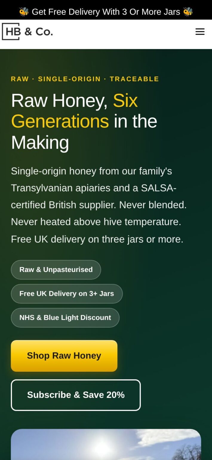 The HoneyBee and Co. homepage on a phone