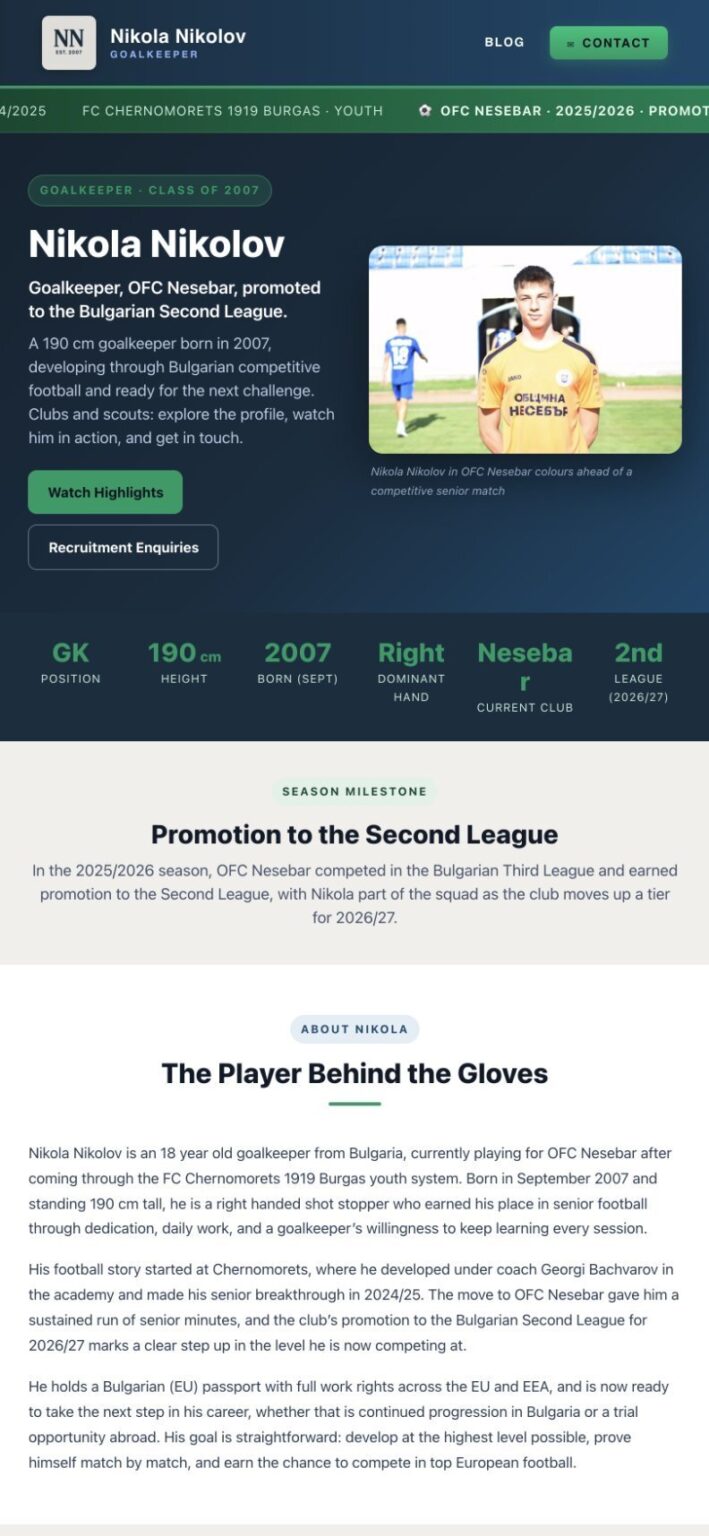 The homepage of nikolovnikola.com: Nikola Nikolov, goalkeeper, with his position, height and year of birth