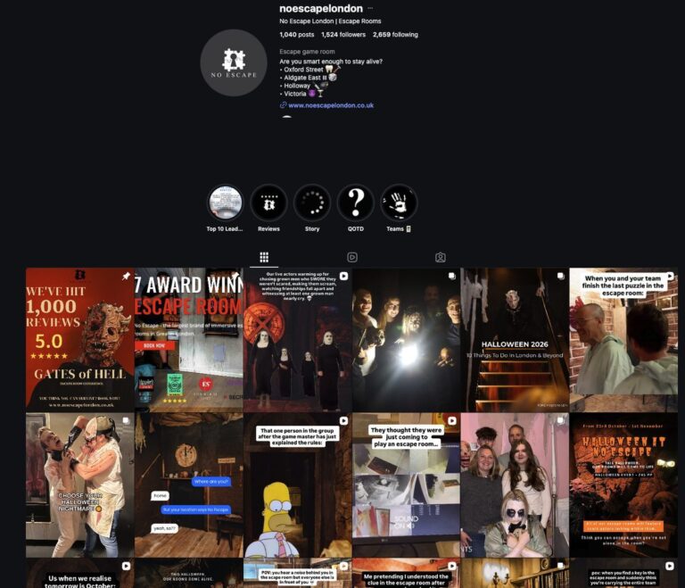 The Instagram profile of No Escape London: the grid of escape room Reels and posts we publish