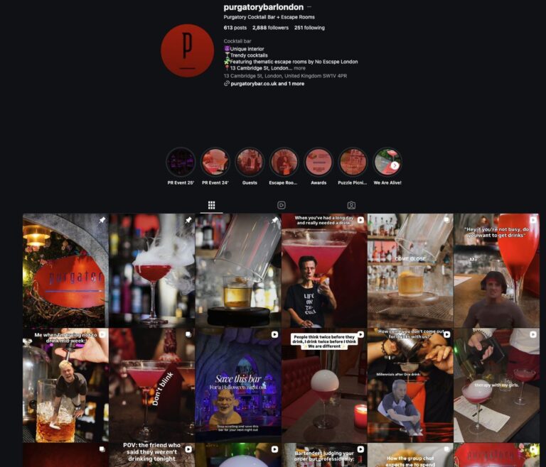The Instagram profile of Purgatory Bar London: the grid of cocktail Reels and posts we publish
