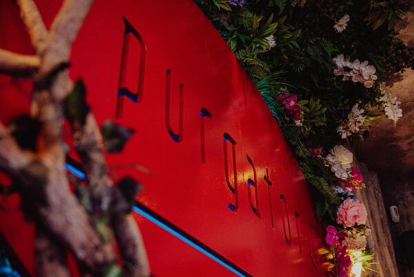 A close view of the red Purgatory sign among flowers