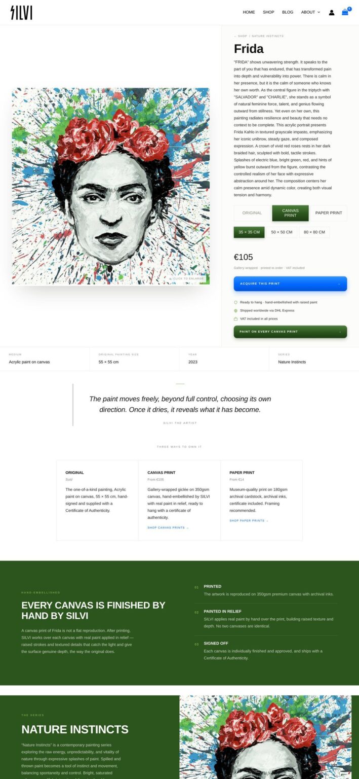 The page of the painting Frida: the painting, its story, the three formats and the series