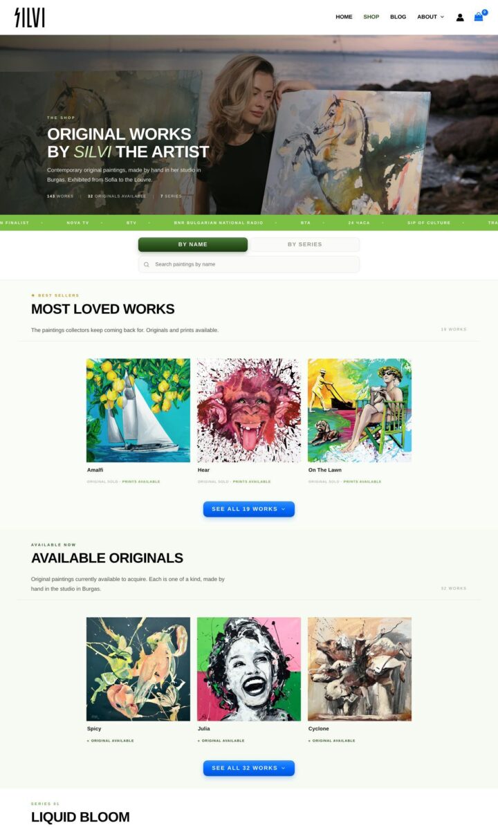The shop page of silvitheartist.com, paintings in a grid with their series and prices