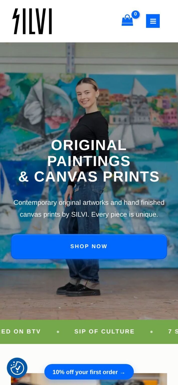 The Silvi the Artist homepage on a phone