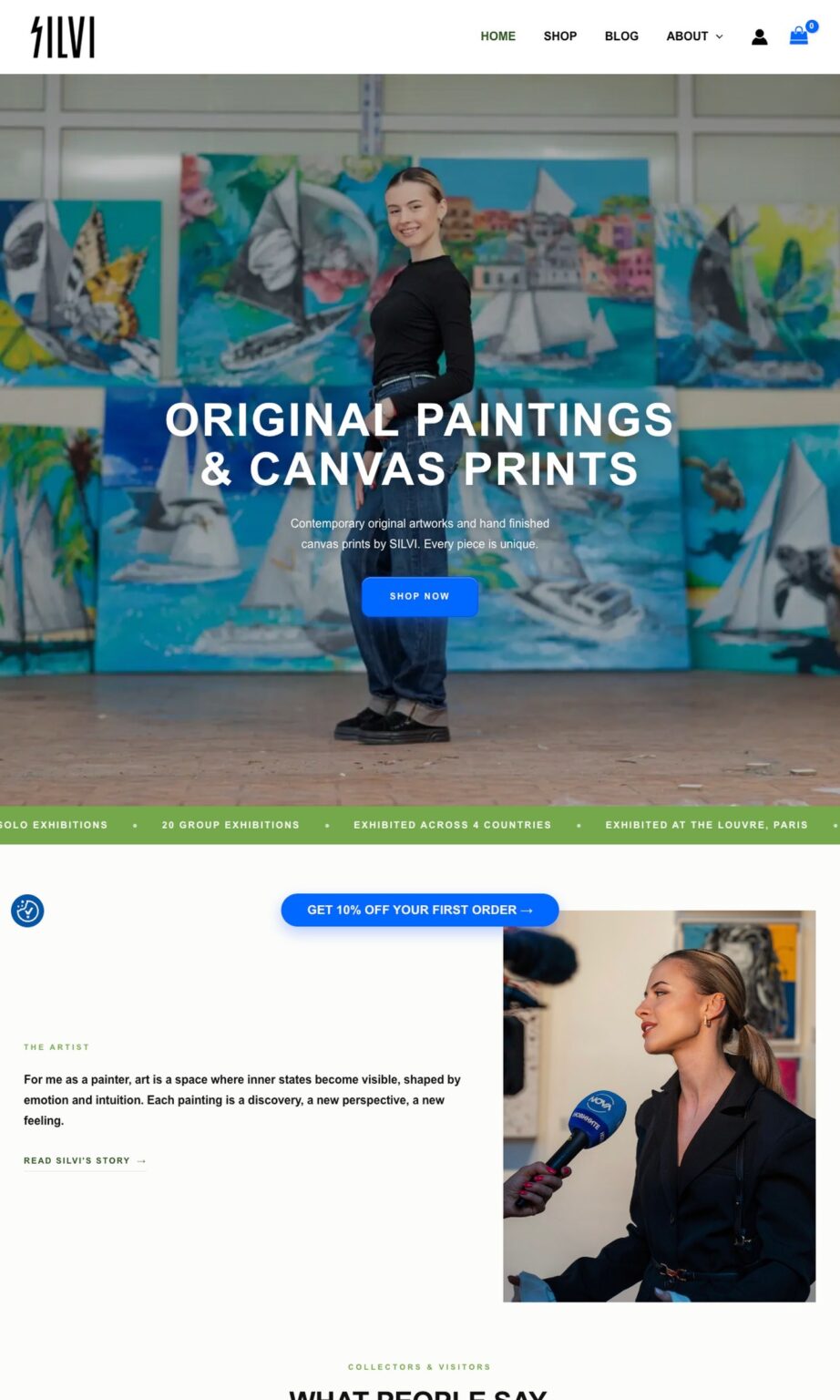 A screenshot of the Silvi the Artist online shop, original paintings and canvas prints