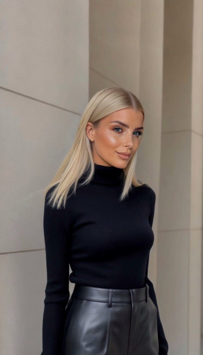 Velena Nikolova in a black turtleneck and leather trousers against a stone wall